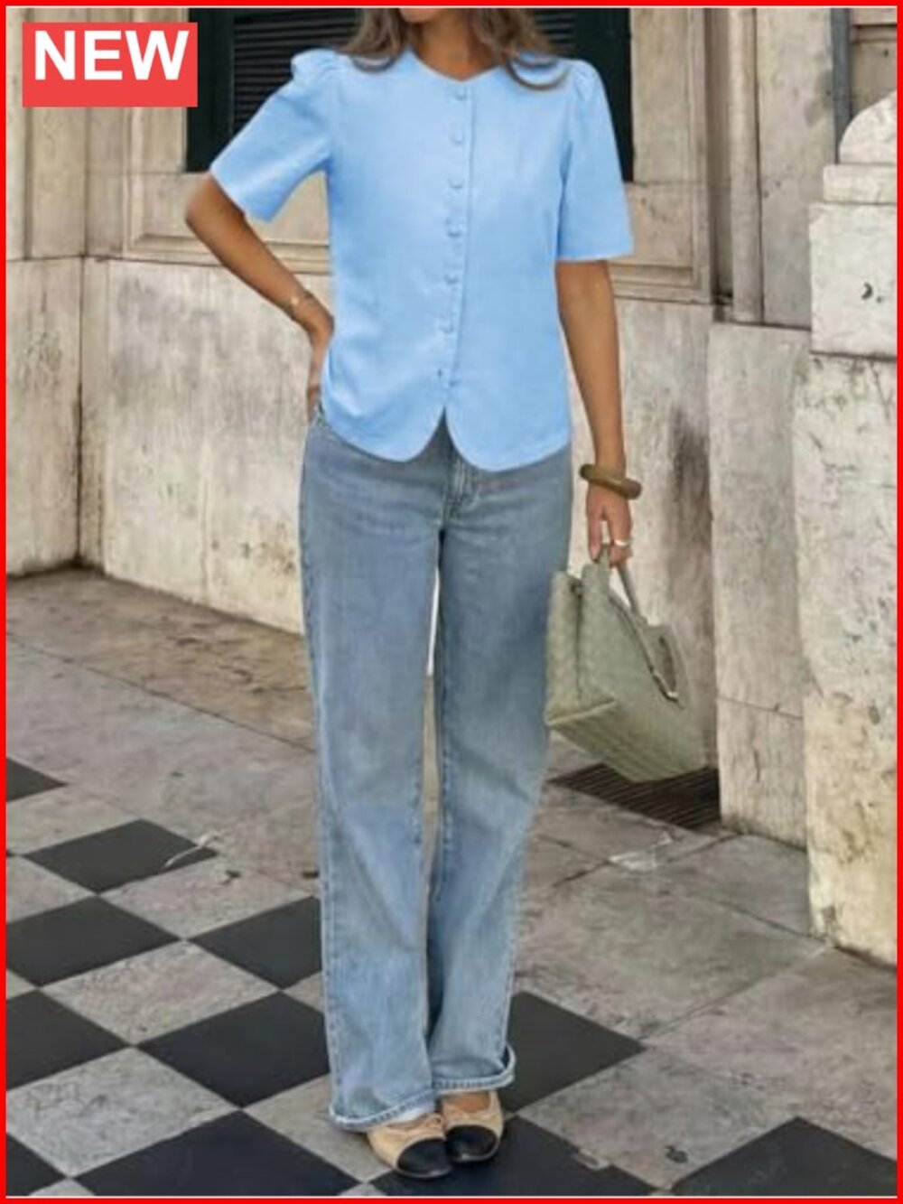 Women's Short Sleeve Button Down Shirt Lightweight Cotton Round Neck Casual - Picture 2 of 6